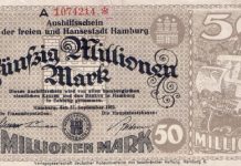 Морской дьявол с «Красного черта» Гамбург, инфляционная бона, 50 миллионов марок, 1923 год: «Пестрая корова» - флагманский корабль гамбургской флотилии.