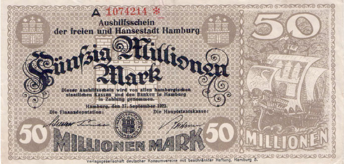Гамбург, инфляционная бона, 50 миллионов марок, 1923 год: «Пестрая корова» - флагманский корабль гамбургской флотилии.