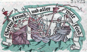 Вильгельмсхафен-Рюстринген, 50 пфеннигов, 1922 год: пираты Штертебекера отбивают нападение гамбургского карательного отряда.