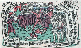 Вильгельмсхафен-Рюстринген, 50 пфеннигов, 1922 год: казнь Виталийских братьев (пиратов Северного и Балтийских морей) 20 октября 1401 года.