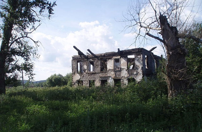 Сгоревшее здание деревянной архитектуры, бывшее служебное здание Кленовского детского дома, «господский дом». 2009.
