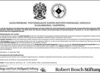AUSSCHREIBUNG: POSTGRADUALER EUROPA-MASTERSTUDIENGANG 2009/2010 IN KALININGRAD / WUPPERTAL