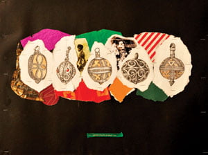 Eine der “ausgestellten“ Arbeiten: Saule Djusenbinas „Pugowizy“ (dt. „Knöpfe“), aus der Serie „memory card“, Mischtechnik auf Papier, 64х50 cm. Die Abbildung der Arbeit wurde der Zeitschrift Aluan von der Künstlerin zur Verfügung gestellt.